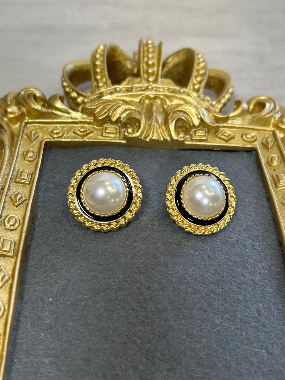 Gold-Tone Pearl Button Earrings with Black Enamel Accent